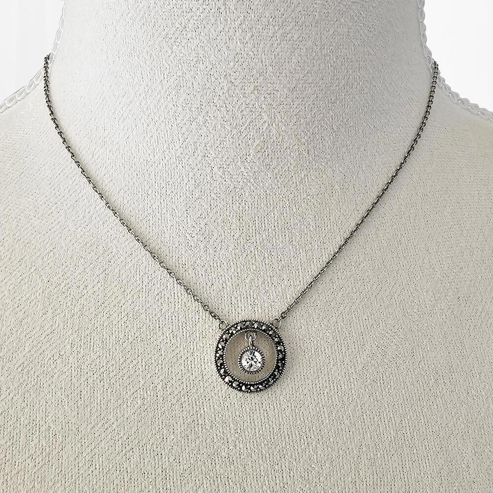 Vintage Judith Jack Silver Circle Pendant Necklace with Cubic Zirconia Accent